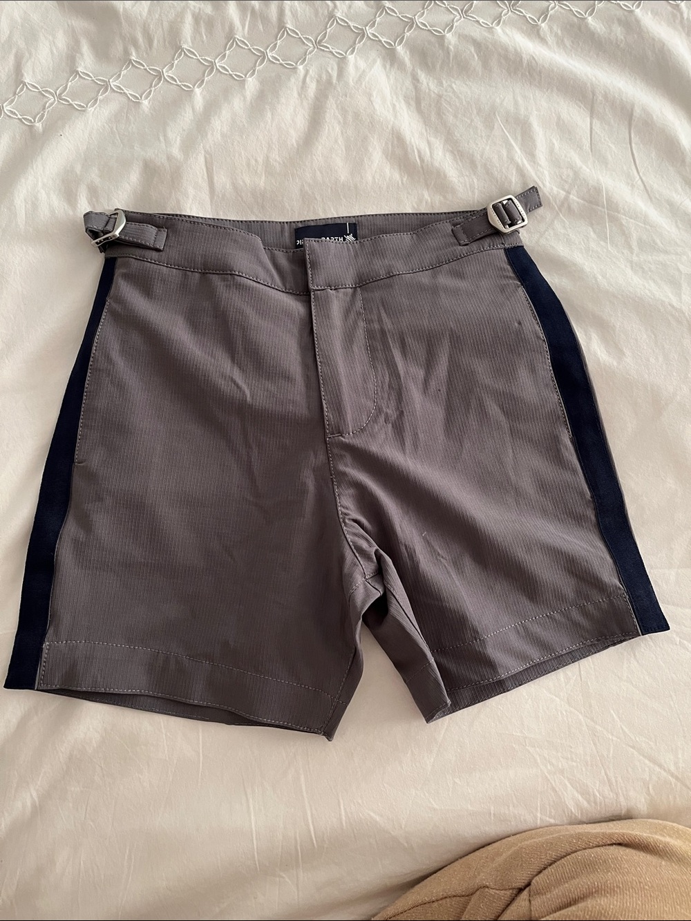 Pier st Barth boys Gray Swim Trunks with Navy Side Stripe